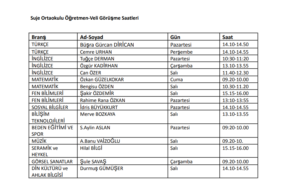 Suje Okulları Veli Görüşme Saatleri