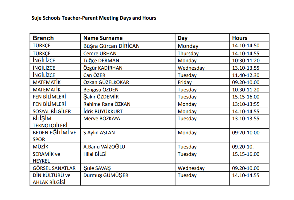 Suje Okulları Veli Görüşme Saatleri